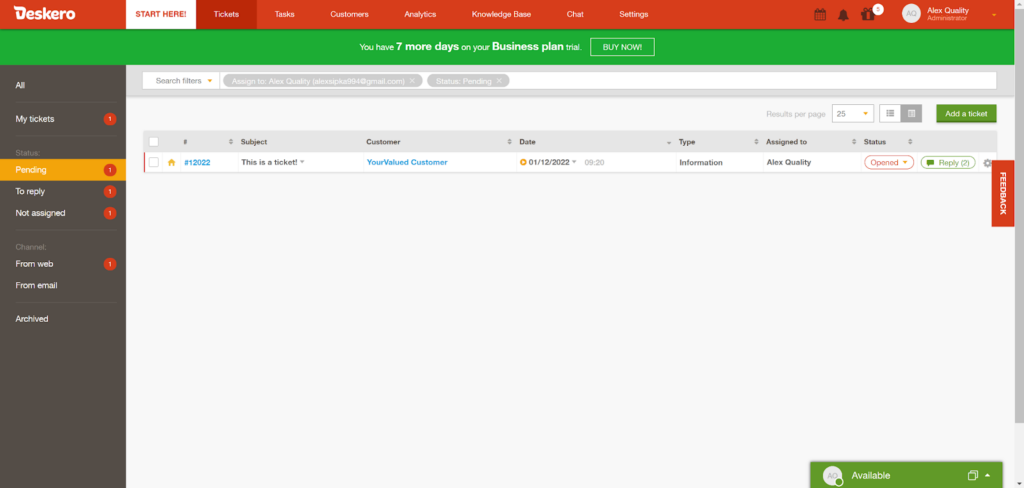 Tickets overview on Deskero