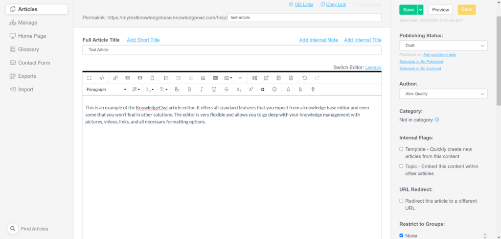 Create new article for your knowledge base