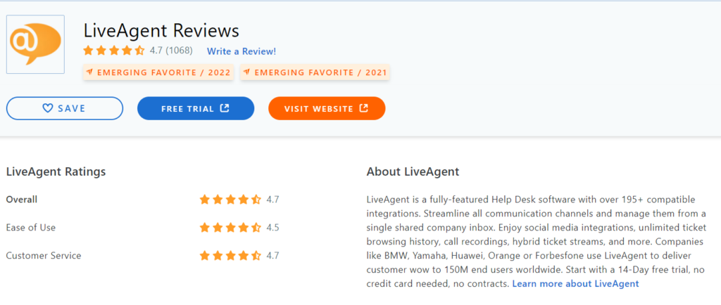 LiveAgent Capterra anmeldelse 2022